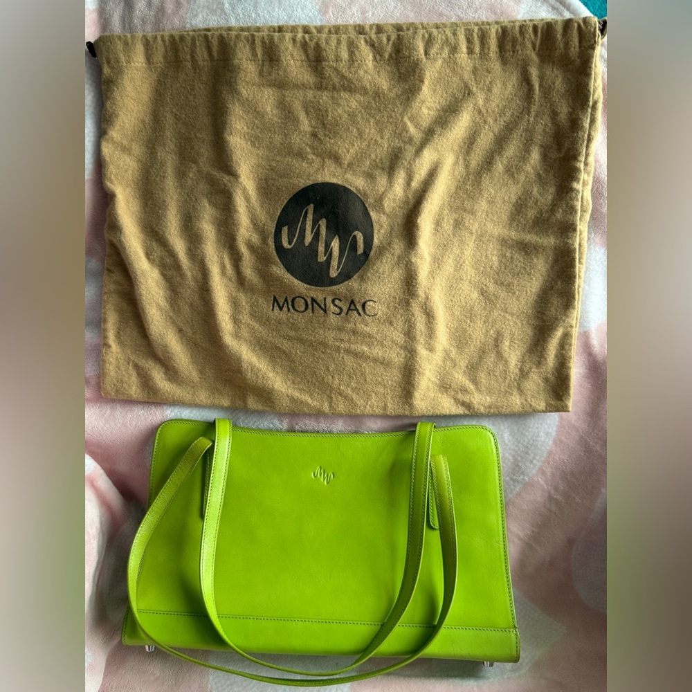 Monsac Lime Green Leather Shoulder Bag with dust bag EUC